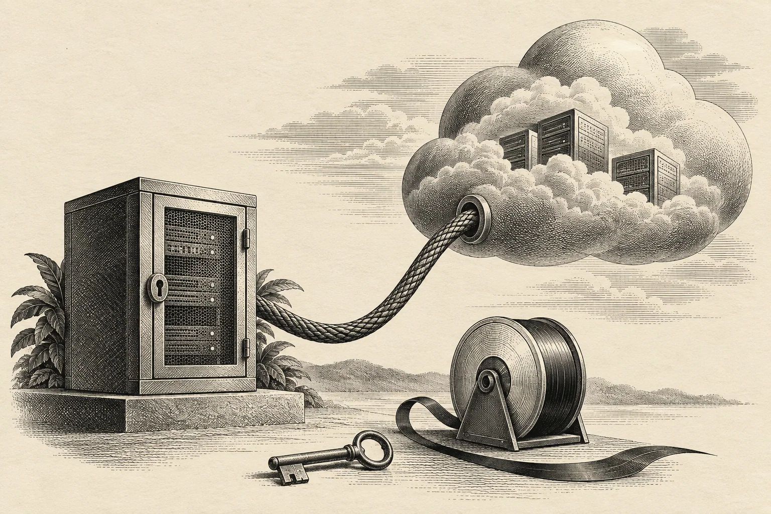 Local equipment connected to a cloud: a hybrid architecture concept, not a real data center.