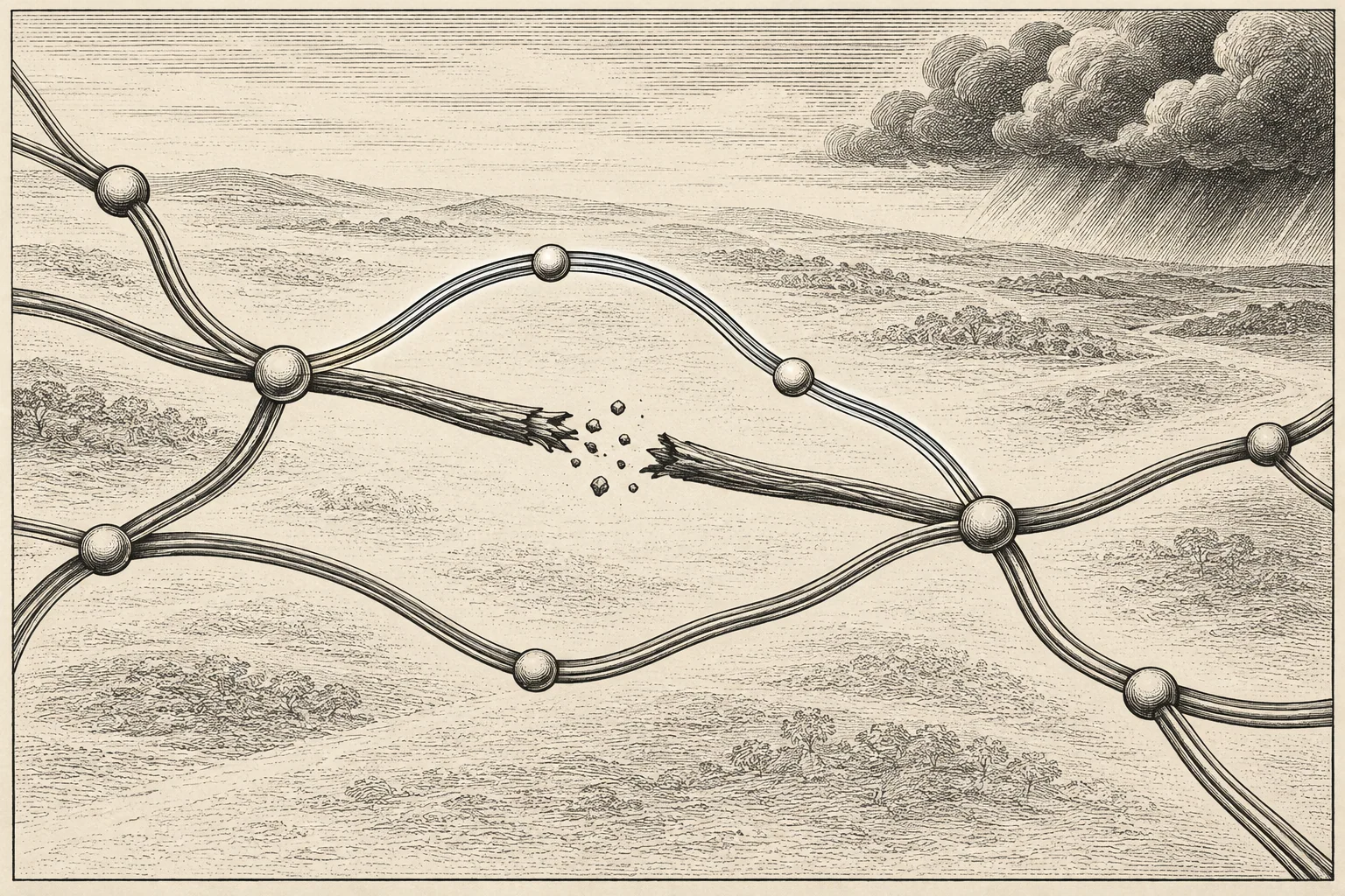 Alternative paths around a broken link: a resilience concept, not T-Mobile’s actual topology.