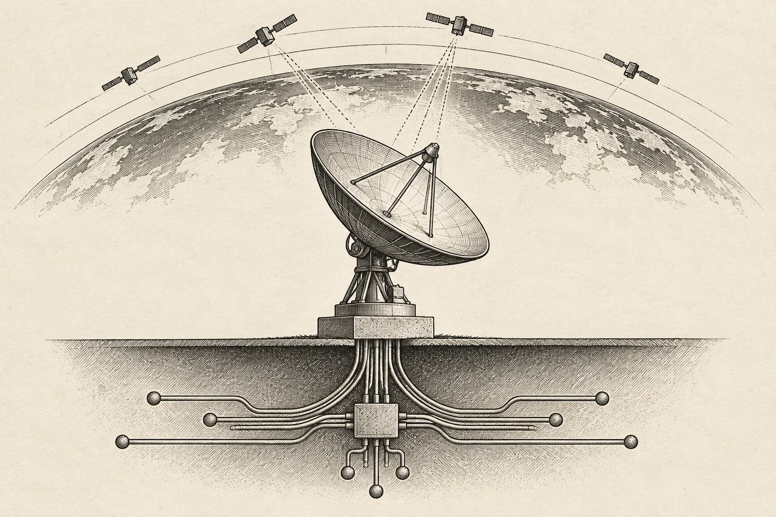 Representación conceptual del enlace entre satélites y una red terrestre; no muestra equipos ni instalaciones de Orange o Telesat.