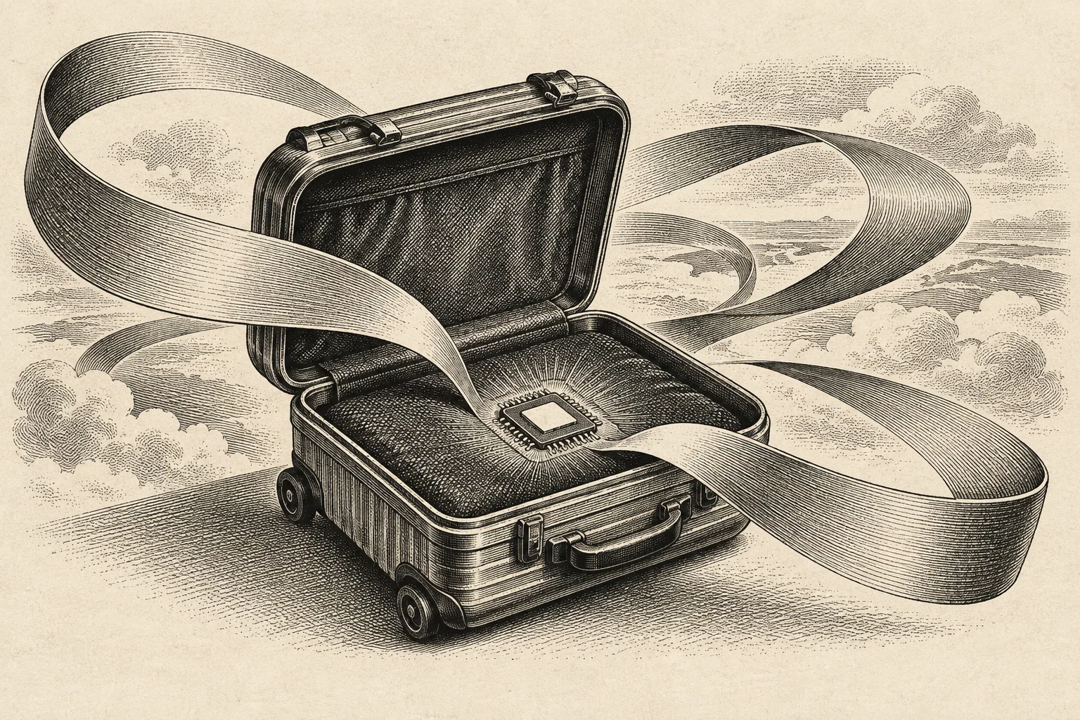 Una maleta y un chip simbolizan un plan de datos digital para viajes.